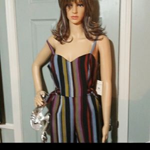 Bebop Jumpsuit Pants, NWT Size Medium Wine ,Stripes,Silver Cinch loops at sides.